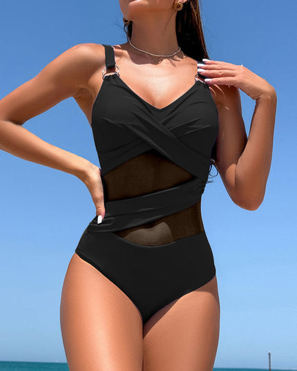 Sheer Panel Wrap One-Piece Swimsuit