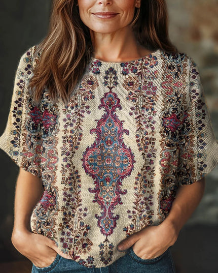 Tapestry Bloom Sweater – Wool Blend Short Sleeve Crewneck Knit