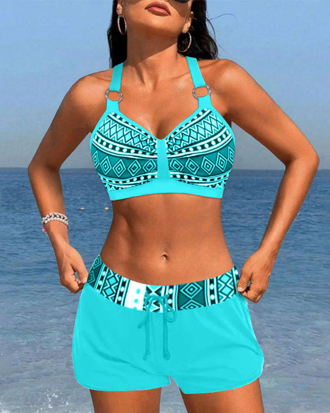 Geo-Print Halter Tankini with Shorts