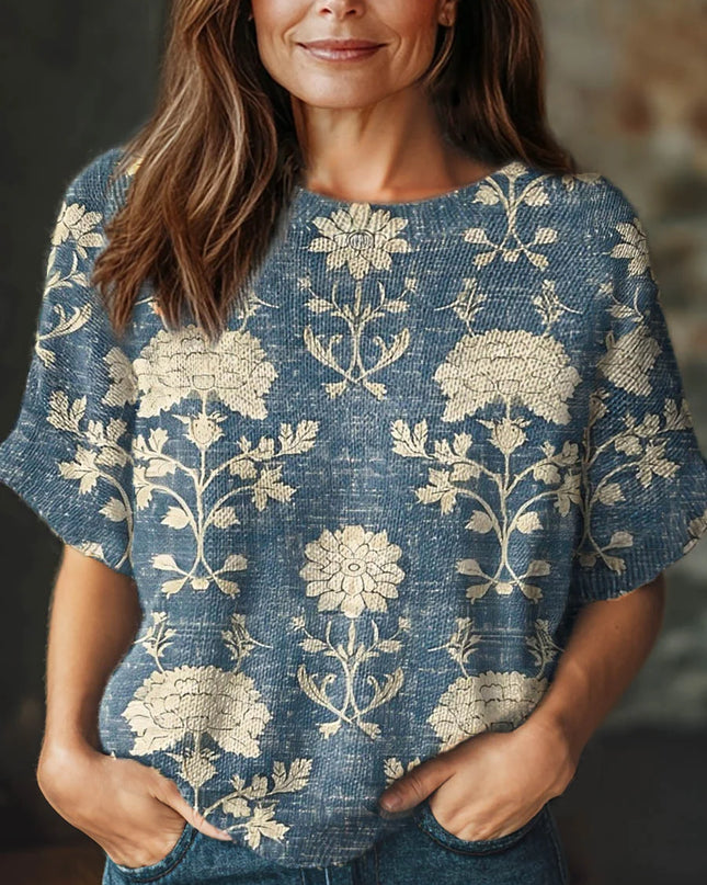 Women's Vintage Floral Art Print Casual Crew Neck Short Sleeve Knitted Sweater