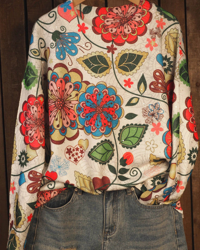 Artistic Floral Sequins Print Knit Pullover Sweater