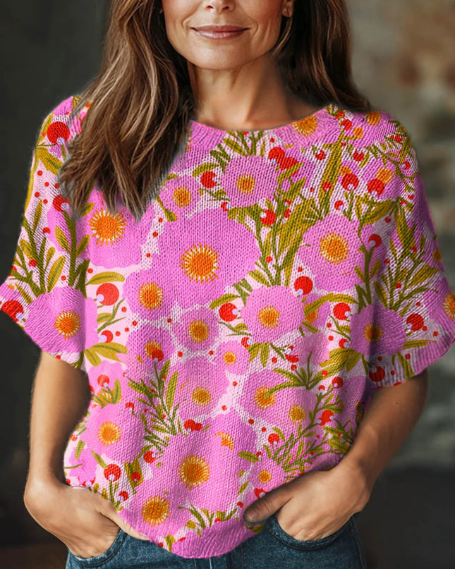 Women’s Vintage Floral Art Print Casual Crew Neck Short Sleeve Knitted Sweater