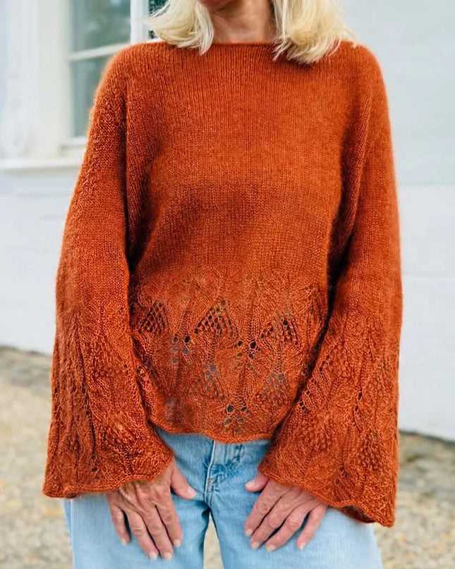 Women's Solid Color Round Neck Long Sleeve Casual Loose Hollow Splicing Sweater