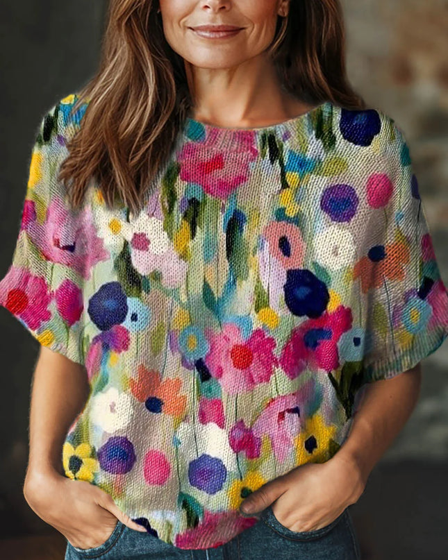 Women's Vintage Floral Art Print Casual Crew Neck Short Sleeve Knitted Sweater