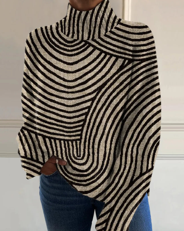 Vintage Hand Drawn Line Pattern Print Knit Turtleneck Pullover Sweater