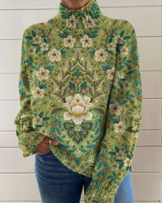 Women's Vintage Green Ethnic Art Flower Print Knit Turtleneck Pullover Sweater