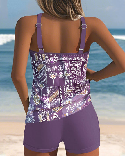 Purple Boho Tankini with Swim Shorts