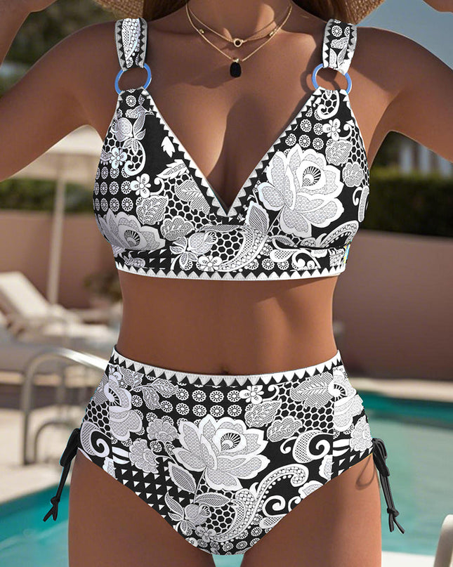 Navy & White Floral High-Waist Bikini