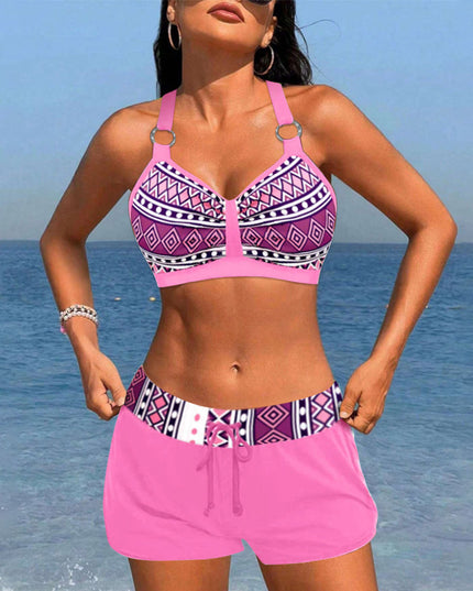 Geo-Print Halter Tankini with Shorts