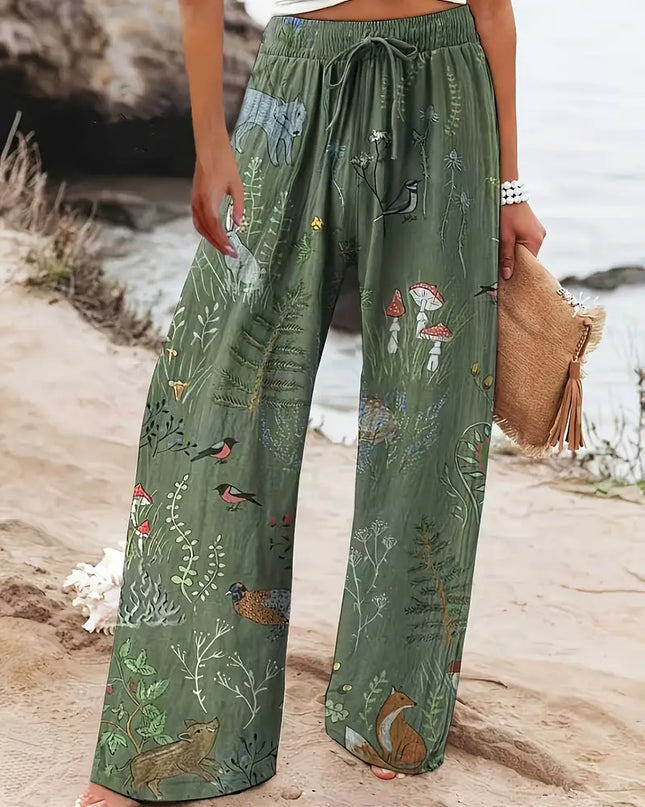Forest Green Wide Leg Printed Pants
