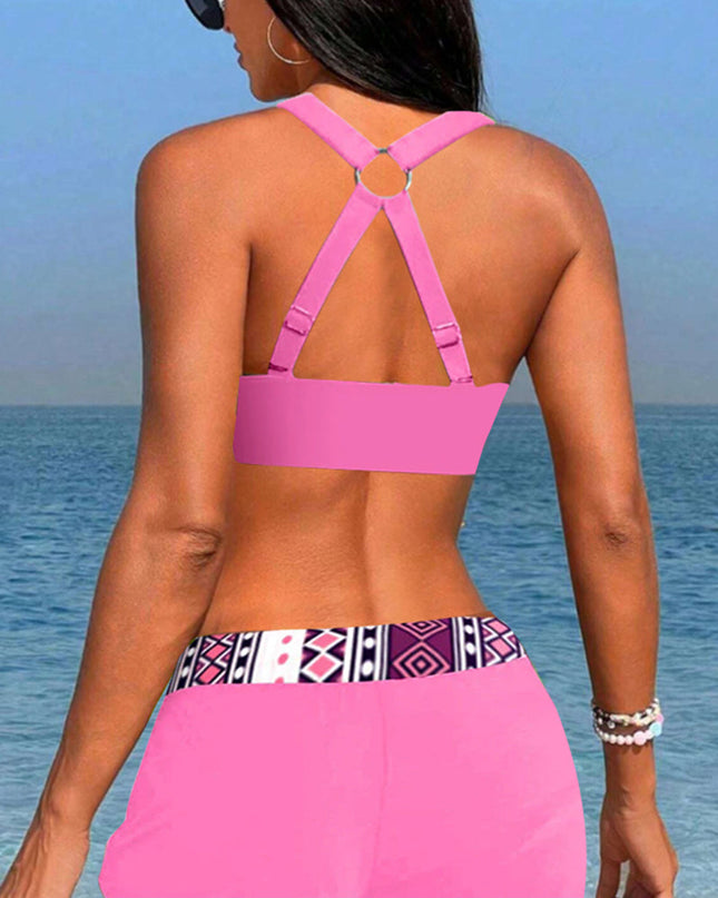 Geo-Print Halter Tankini with Shorts