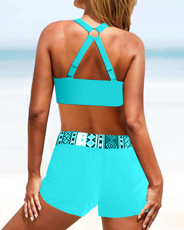 Geo-Print Halter Tankini with Shorts