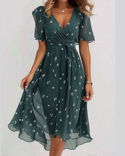 Ophelia | Groovy Short Sleeve Green Midi Dress