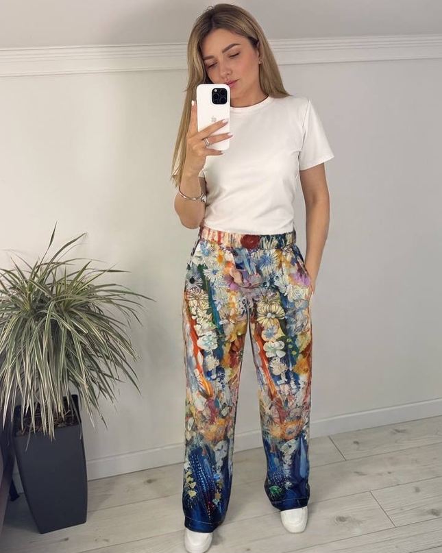 Multicolor Floral Print Wide Leg Pants