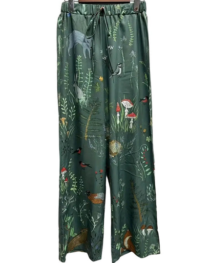 Forest Green Wide Leg Printed Pants